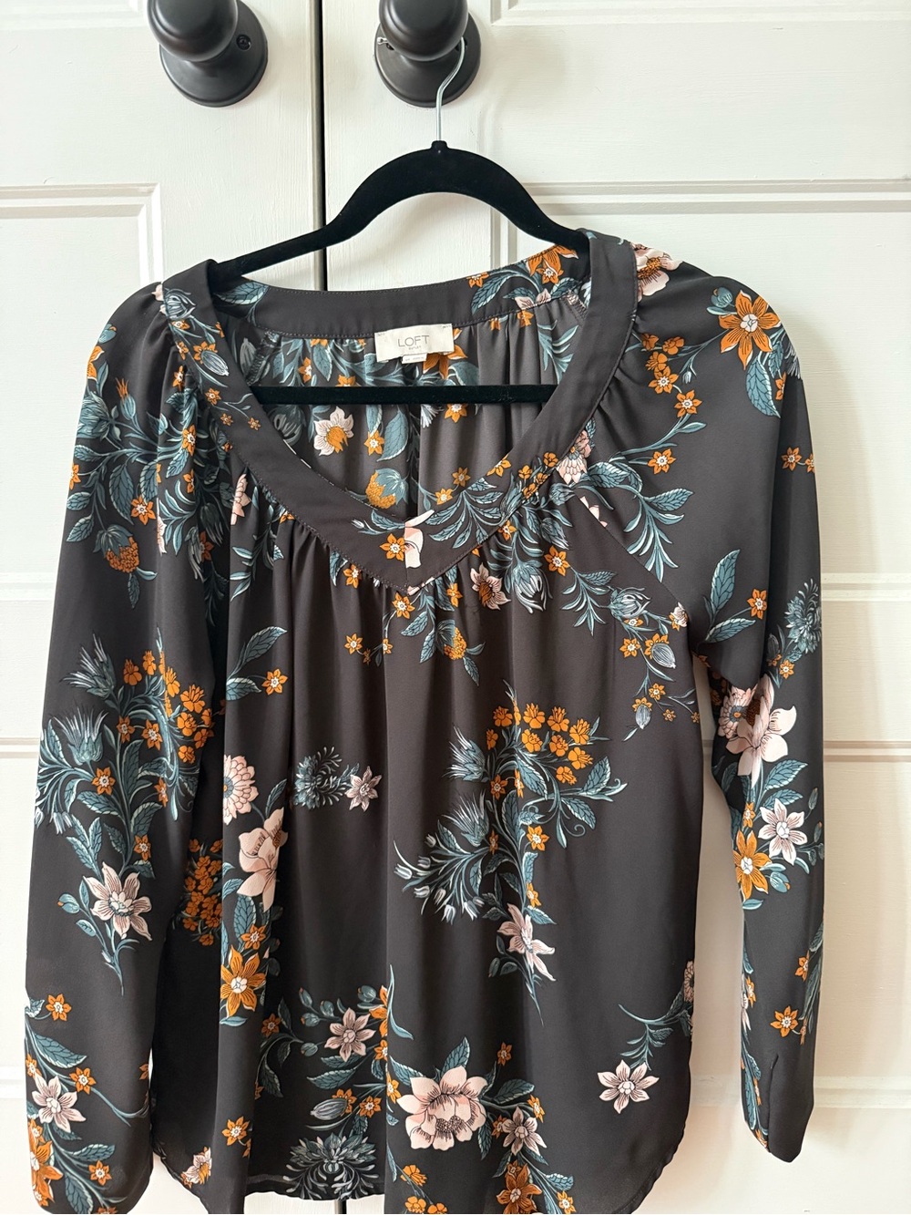 LOFT Charcoal Floral V-Neck Long Sleeve Blouse with Teal and Orange Accents